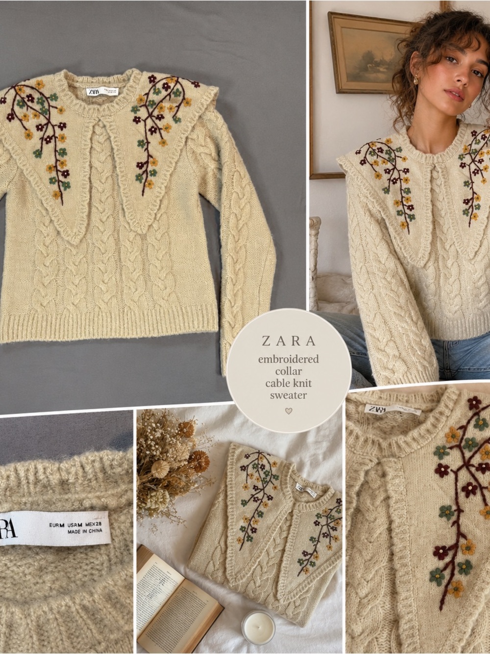 ZARA Cream Cable Knit Sweater with Embroidered Floral Collar Size M Cottagecore